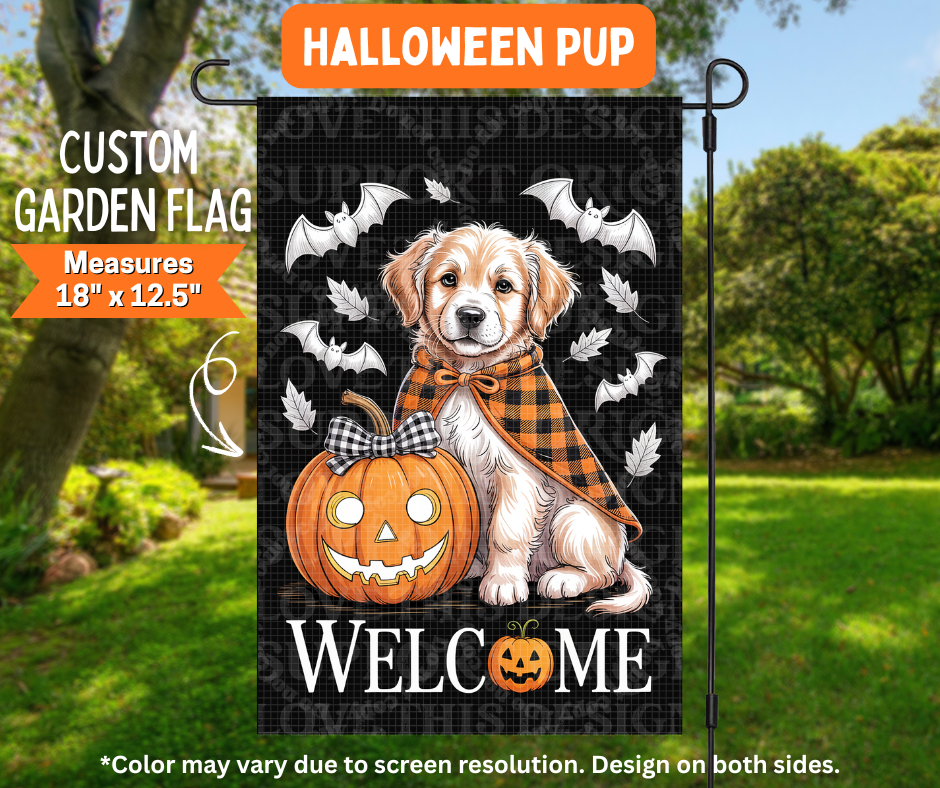 Preorder! Closes 7/6. ETA Oct. Halloween Pup Garden Flag