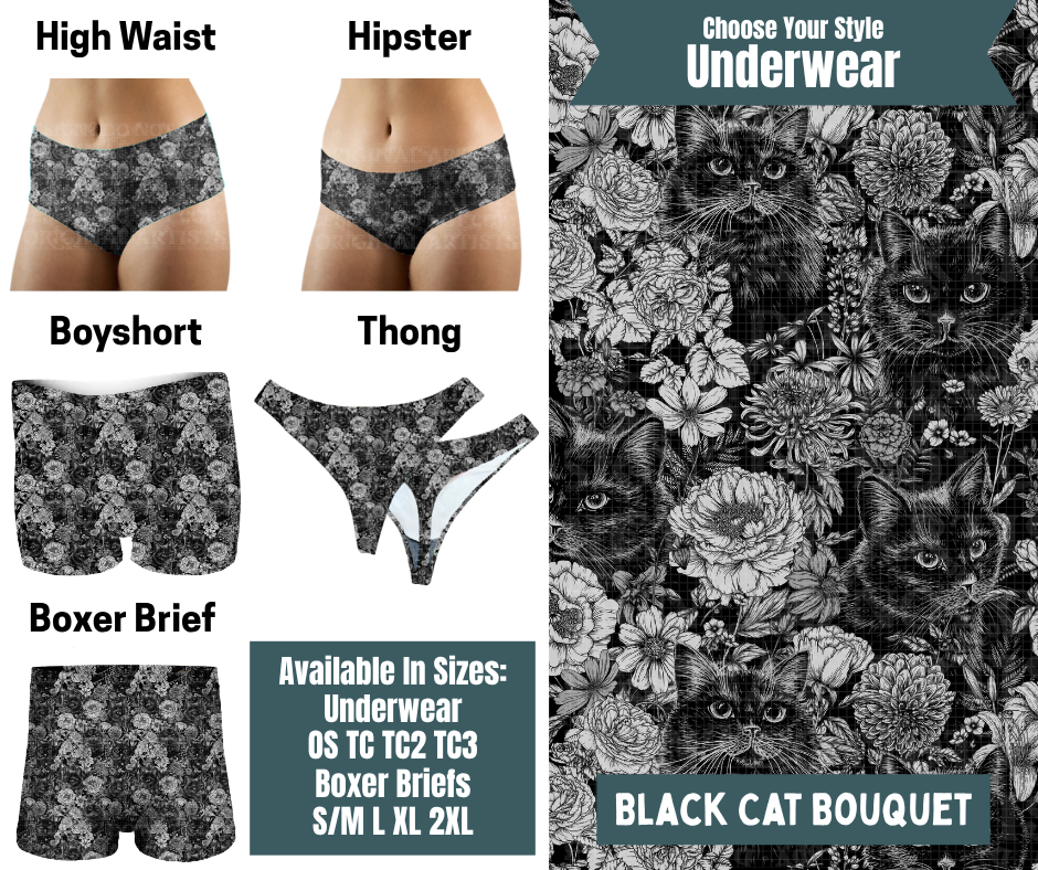 Preorder! Closes 9/30. ETA Dec. Black Cat Bouquet Hipster, High Waist, Boyshort, & Thong Underwear & Boxer Briefs