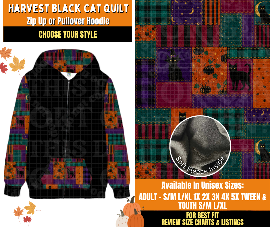 Preorder! Closes 7/16. ETA Oct. Harvest Black Cat Quilt Zip-Up or Pullover Hoodie