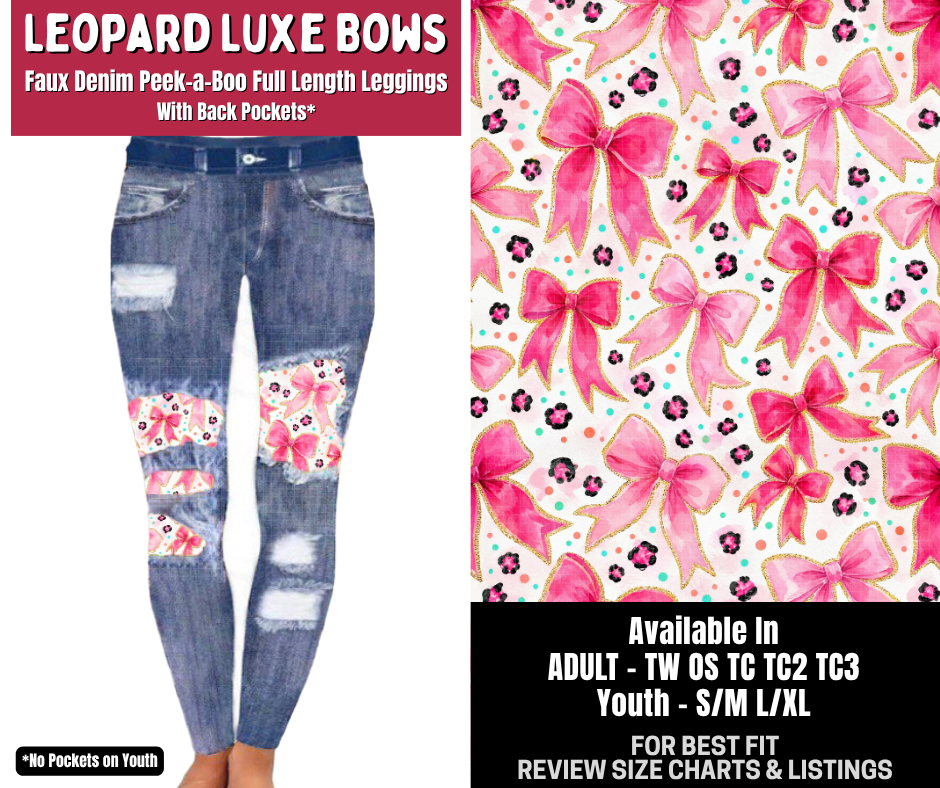 Preorder! Closes 10/14. ETA Jan. Leopard Luxe Bows Full Length Faux Denim Peekaboo
