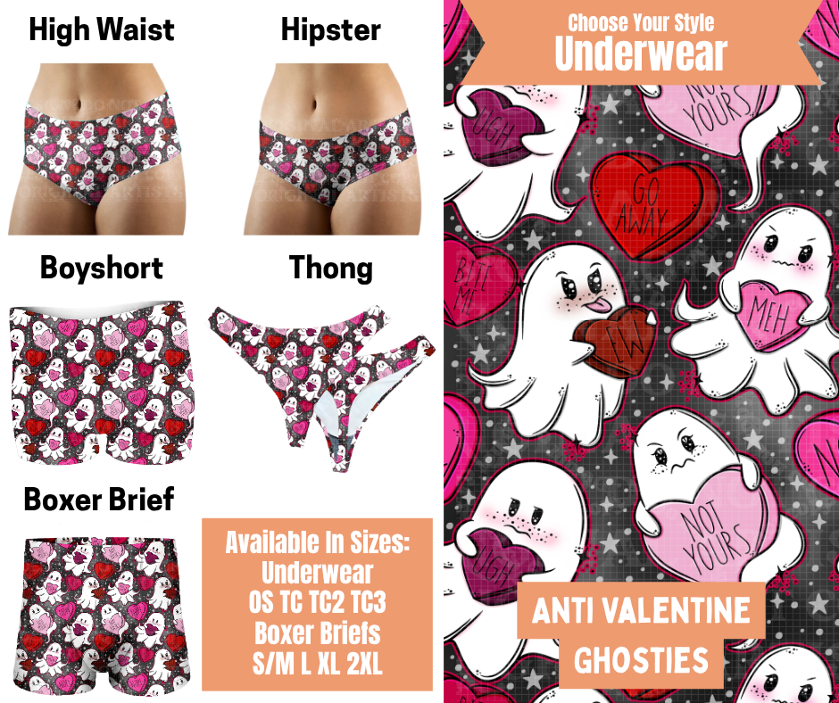 Preorder! Closes 11/5. ETA Feb. Anti Valentine Ghosties Hipster, High Waist, Boyshort, & Thong Underwear & Boxer Briefs