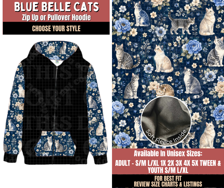 Preorder! Closes 10/22. ETA Jan. Blue Belle Cats Zip-Up or Pullover Hoodie