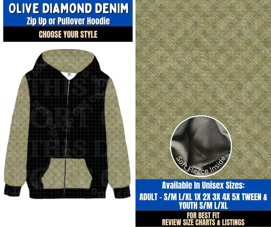 Preorder! Closes 9/16. ETA Dec. Olive Diamond Denim Zip-Up or Pullover Hoodie