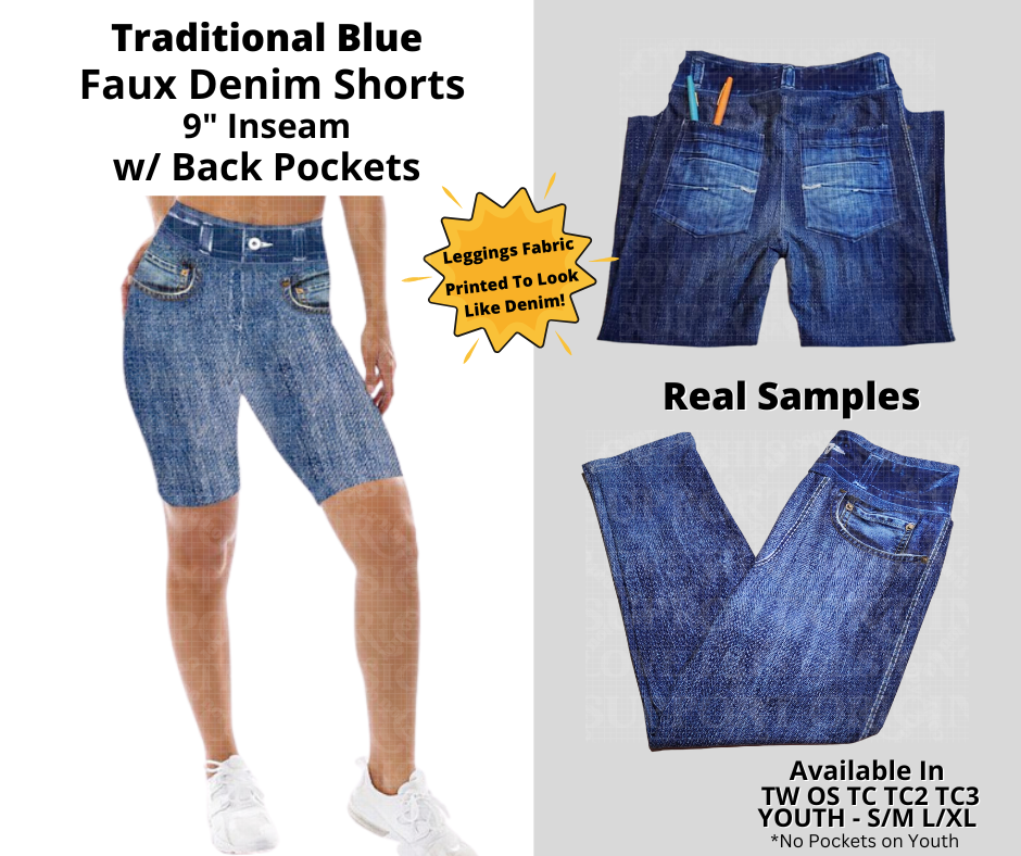Preorder! Closes 12/24. ETA March. Traditional Blue Faux Denim Jamaica Shorts