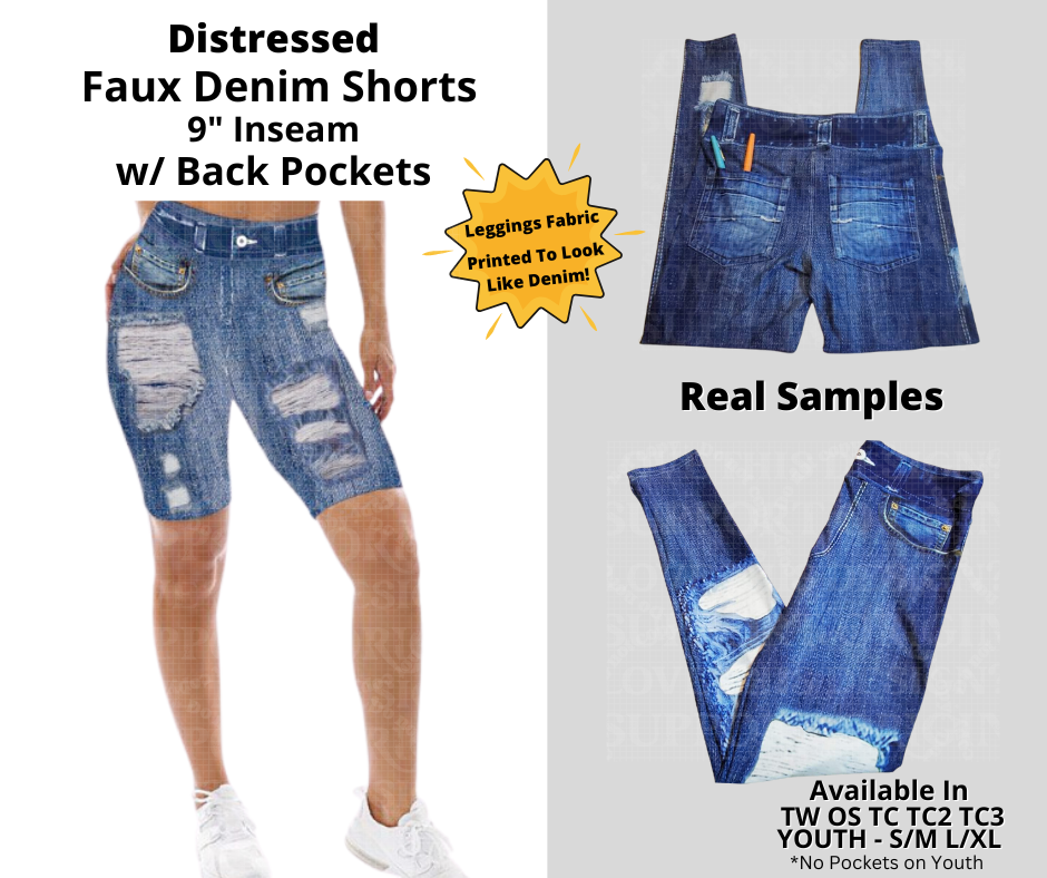 Preorder! Closes 12/24. ETA March. Blue Distressed Faux Denim Jamaica Shorts