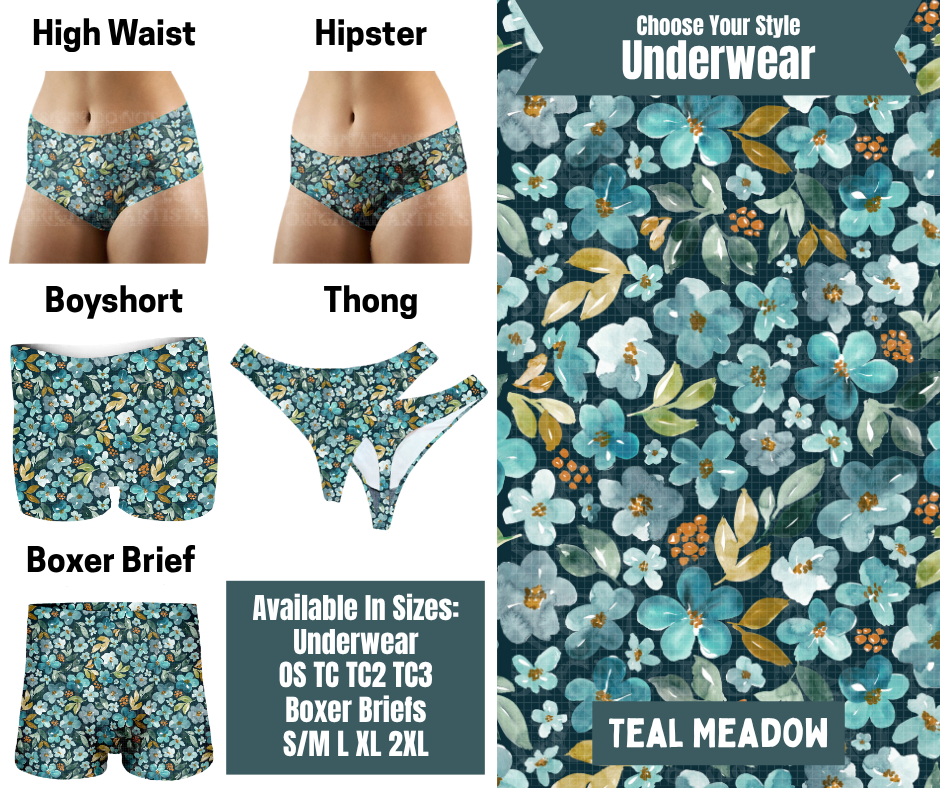Preorder! Closes 9/30. ETA Dec. Teal Meadow Hipster, High Waist, Boyshort, & Thong Underwear & Boxer Briefs
