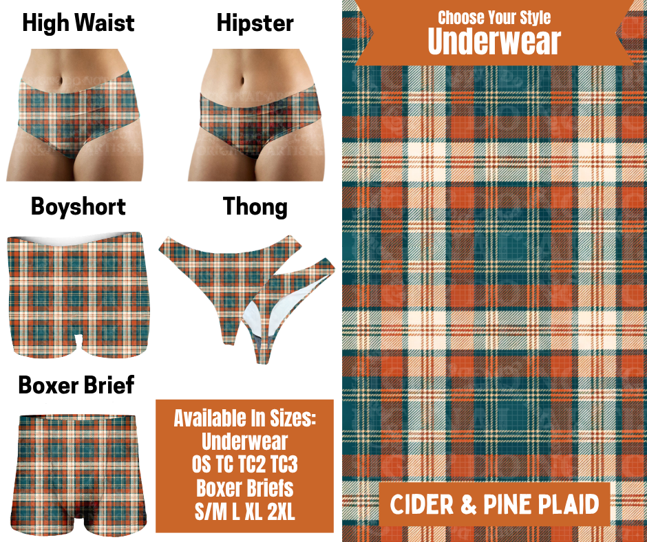 Preorder! Closes 7/30. ETA Oct. Cider & Pine Plaid Hipster, High Waist, Boyshort, & Thong Underwear & Boxer Briefs