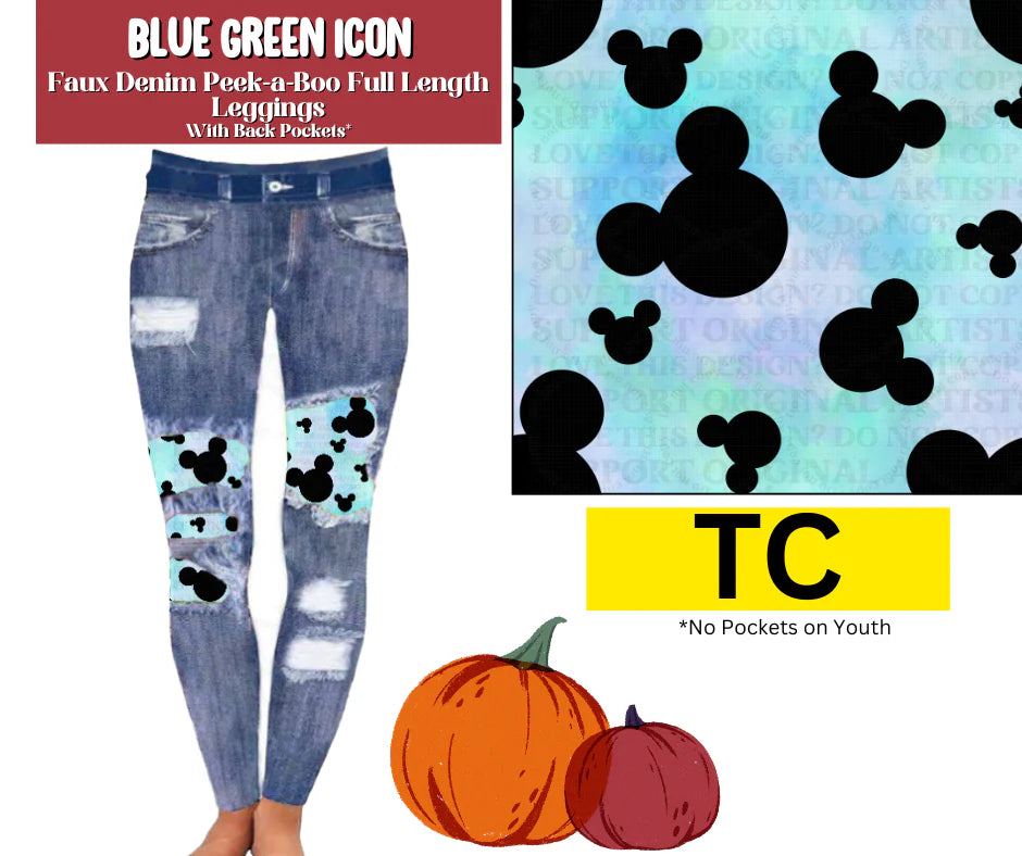 Blue Green Icon Faux Denim Full Length Peekaboo Leggings