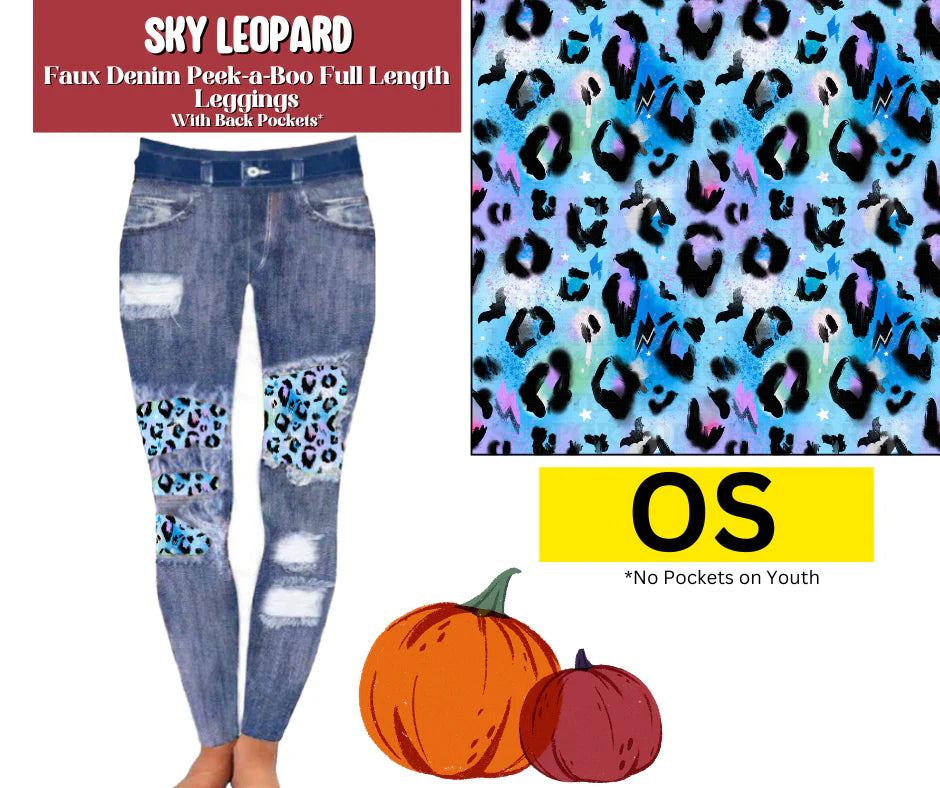 Sky Leopard Faux Denim Full Length Peekaboo Leggings