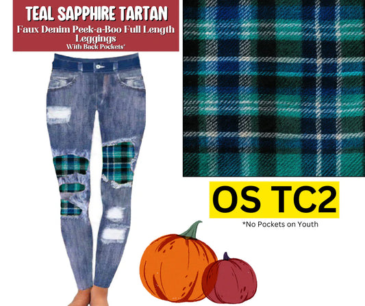 Teal Sapphire Tartan Faux Denim Full Length Peekaboo Leggings
