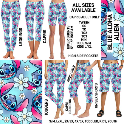 RTS - Blue Aloha Alien Full Joggers/Capri Loungers/Unisex Shorts
