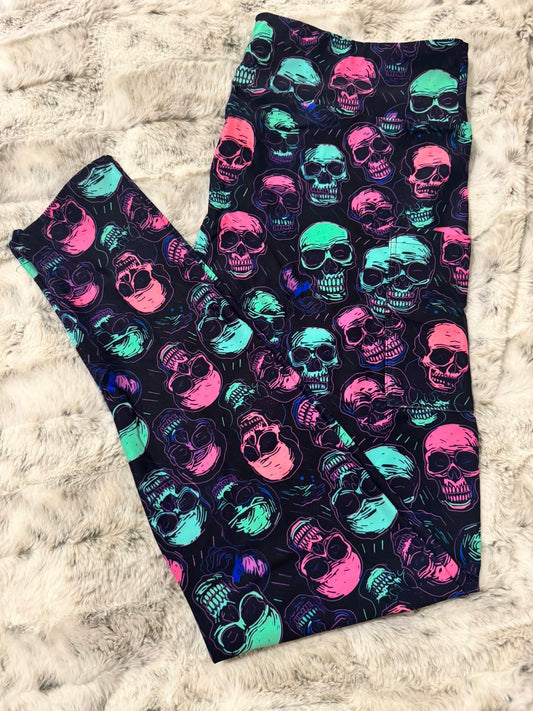 Neon Skulls Full Length Leggings With Pockets