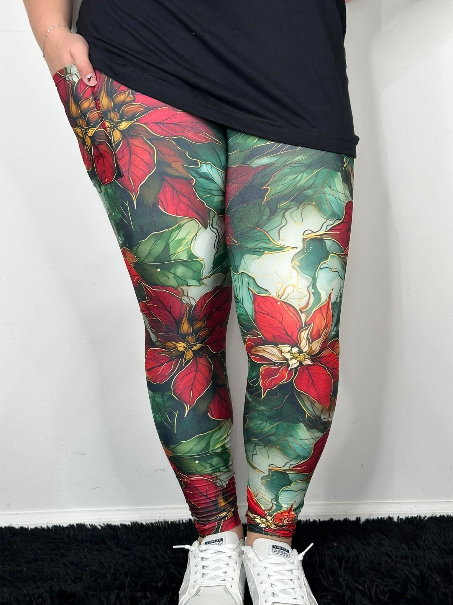 Poinsettia Full Length Leggings With Pockets