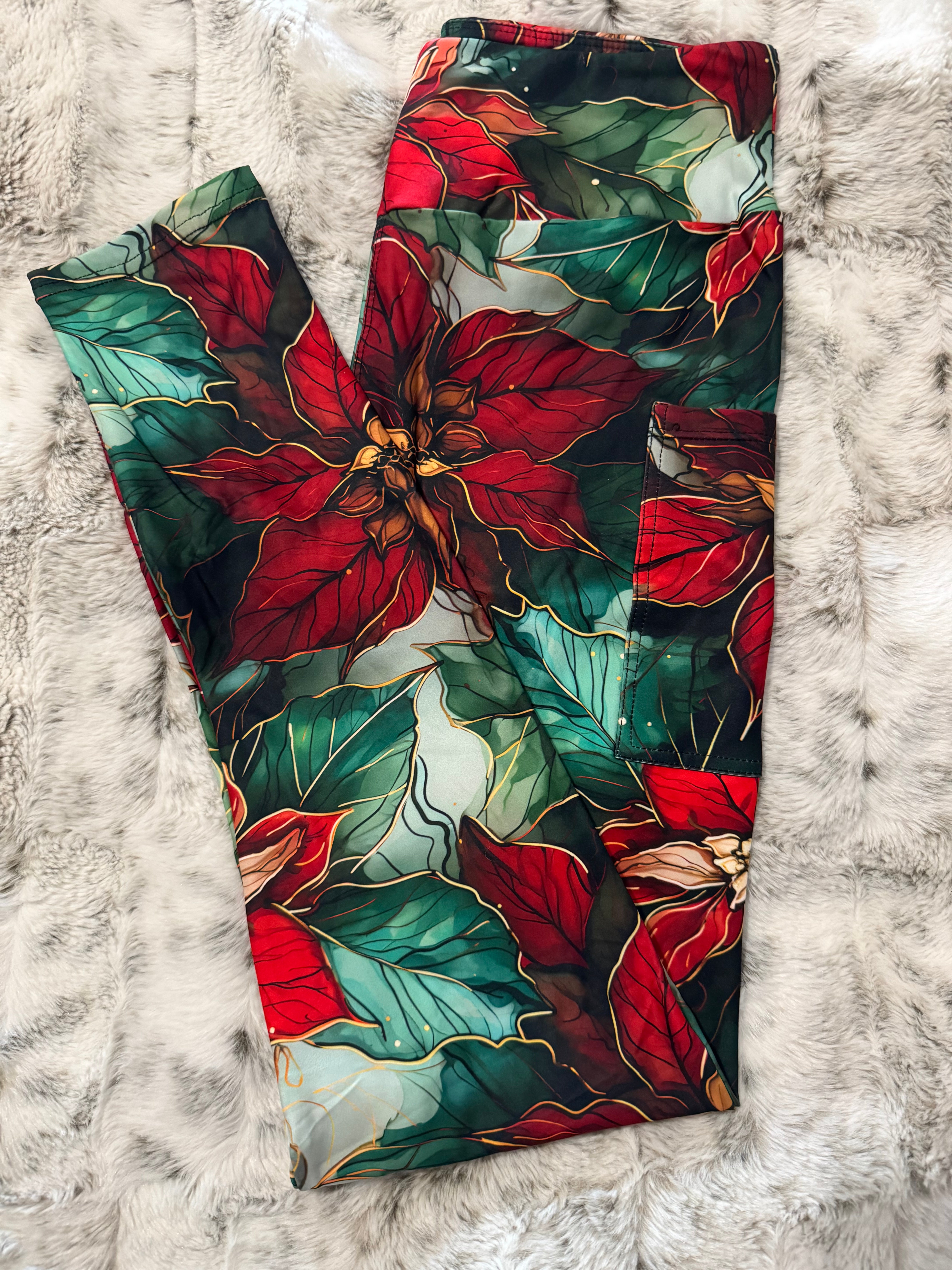 Poinsettia Full Length Leggings With Pockets