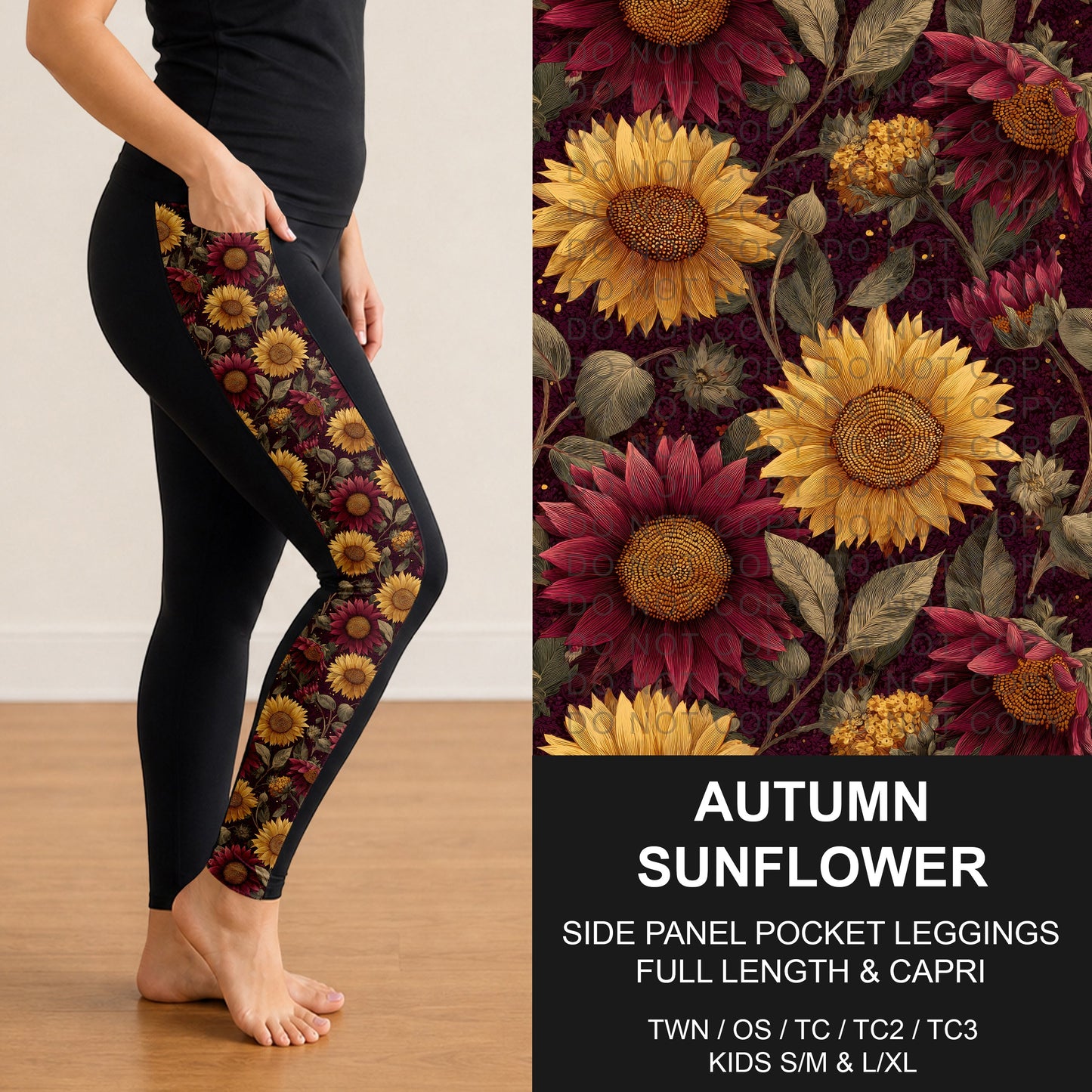 B308 - Preorder Autumn Sunflower Side Panel Pocket Leggings (Closes 8/16. ETA: late Oct.)