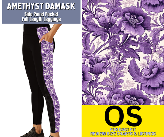 Amethyst Damask Side Panel Pocket Full Length Leggings