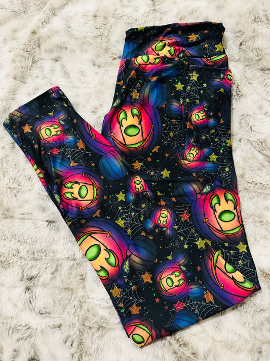 Neon Pumpkin Mickey Full Length Leggings With Pockets