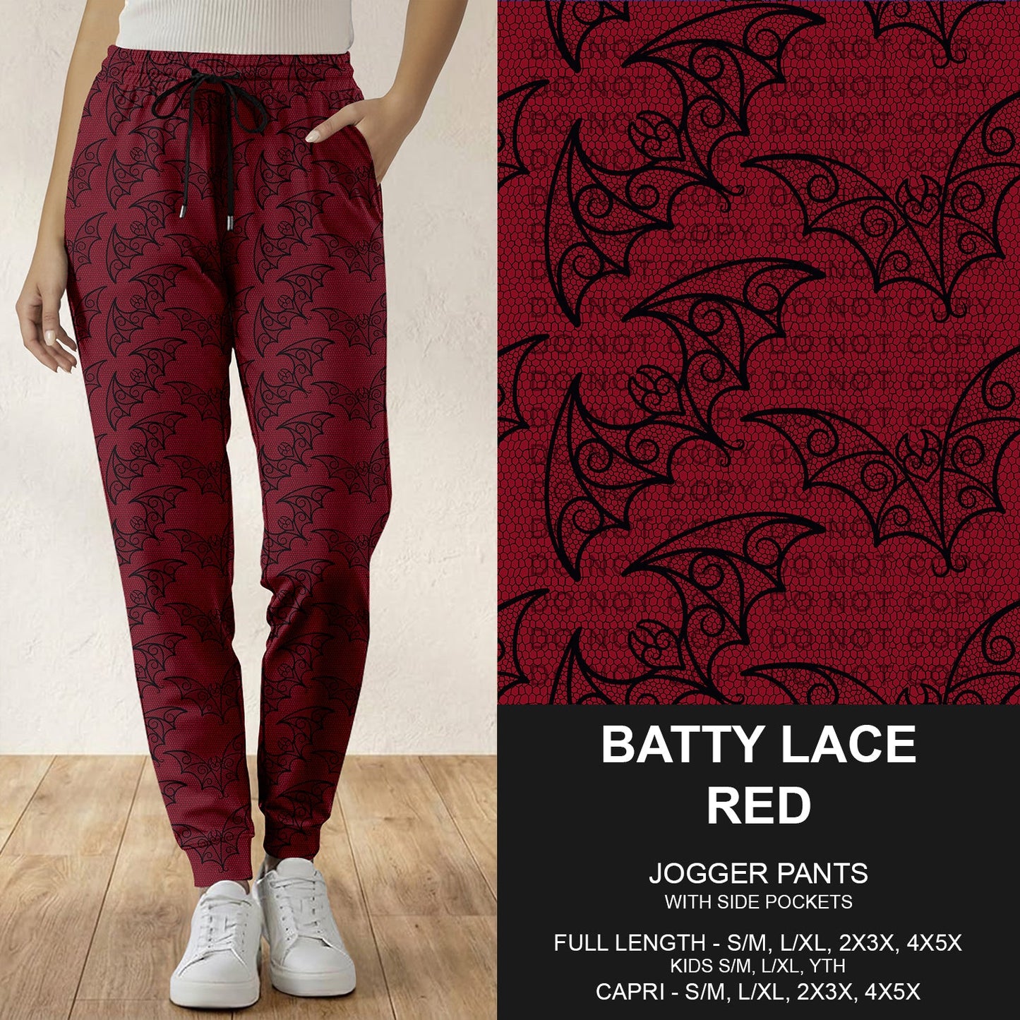 B305 - Preorder Batty Lace Red Joggers (Closes 8/02. ETA: early Oct.)