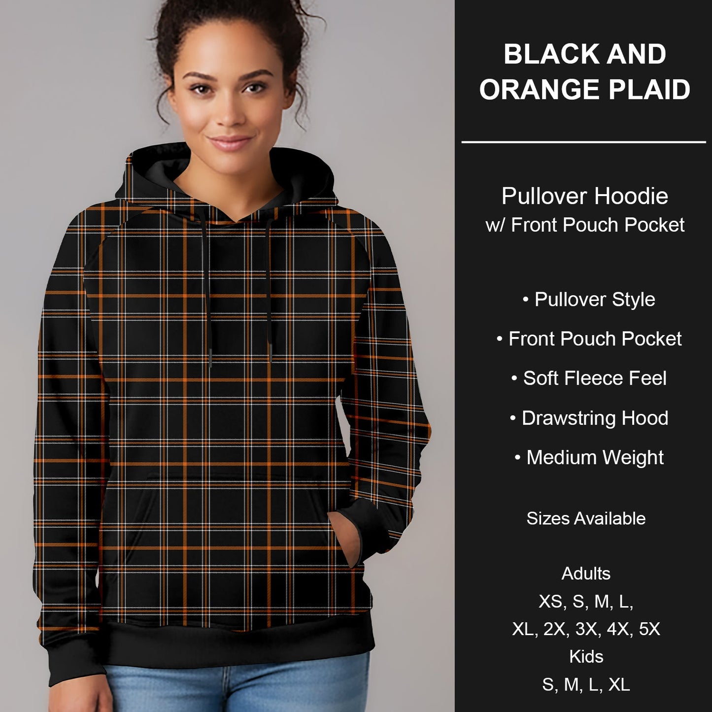 B299 - Preorder Black and Orange Plaid Pullover Hoodie (Closes 7/12. ETA mid Sept.)