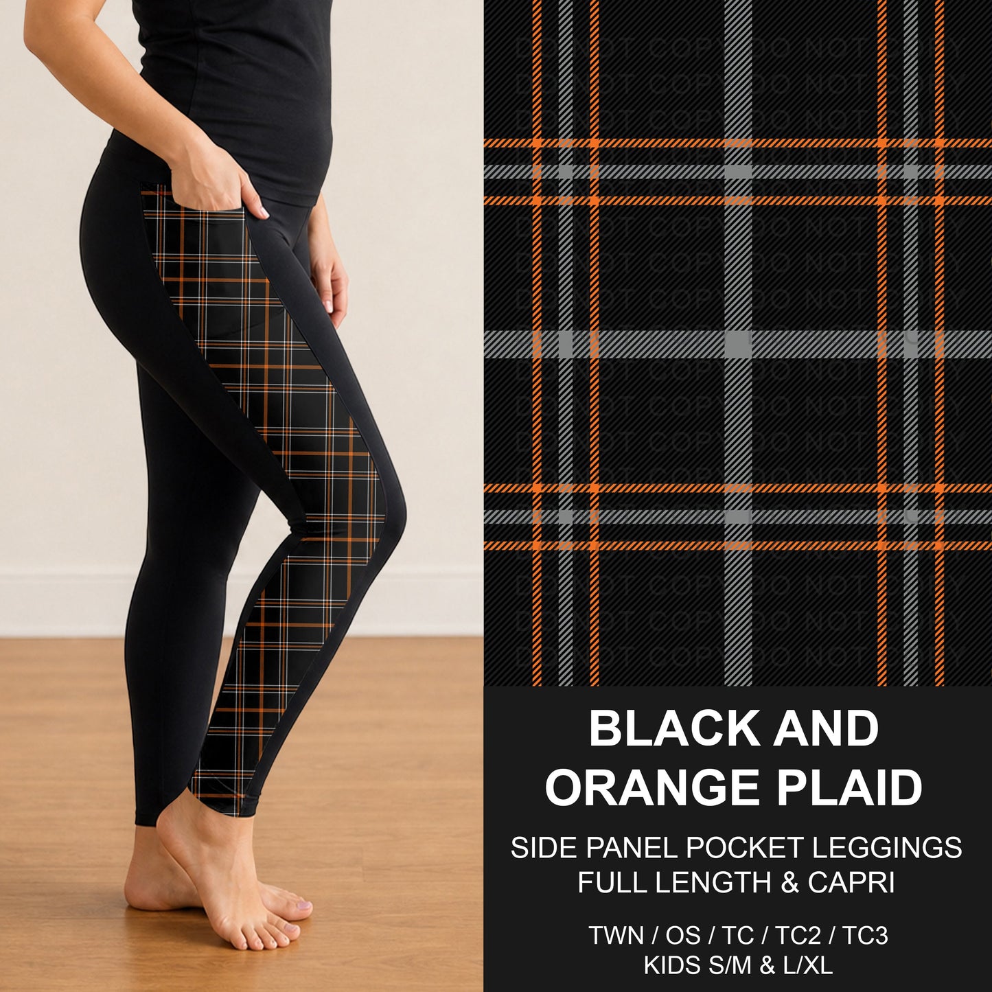 B299 - Preorder Black and Orange Plaid Side Panel Pocket Leggings (Closes 7/12. ETA: mid Sept.)