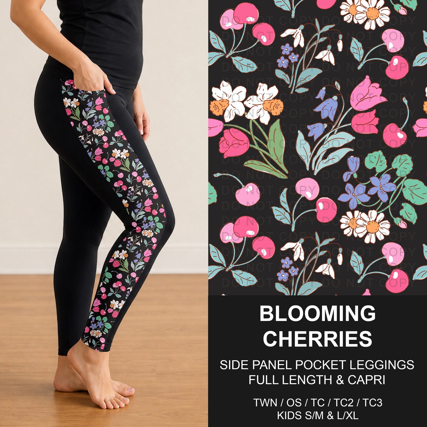 B310 - Preorder Blooming Cherries Side Panel Pocket Leggings (Closes 8/30. ETA: late Oct.)