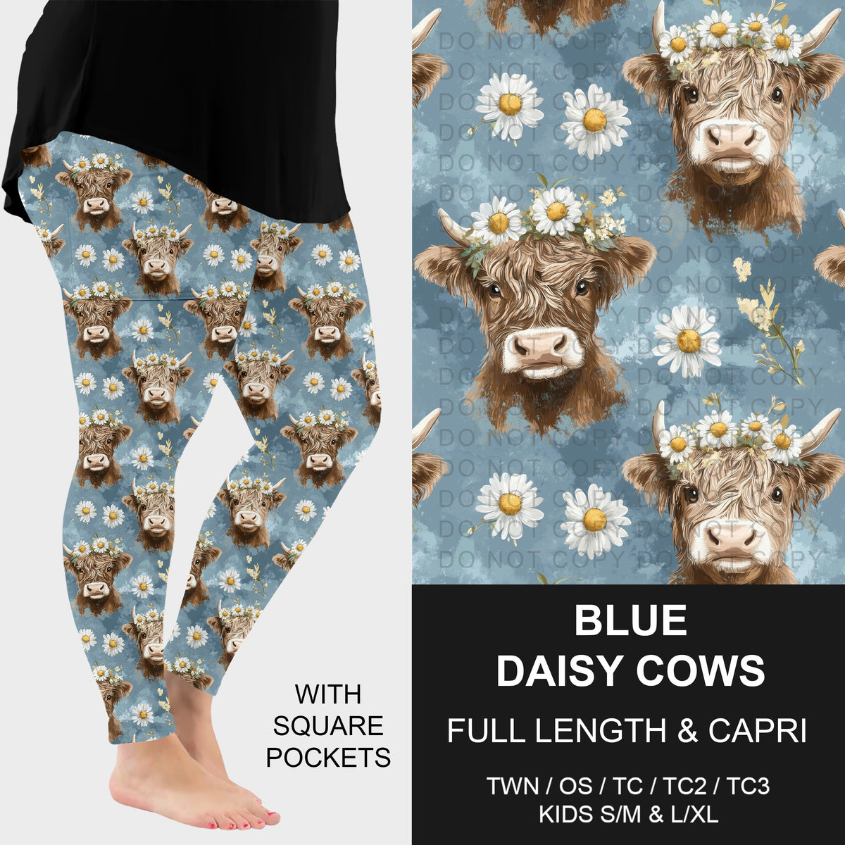 B317 - Preorder Blue Daisy Cows Leggings w/ Pockets (Closes 10/18. ETA: late Dec.)