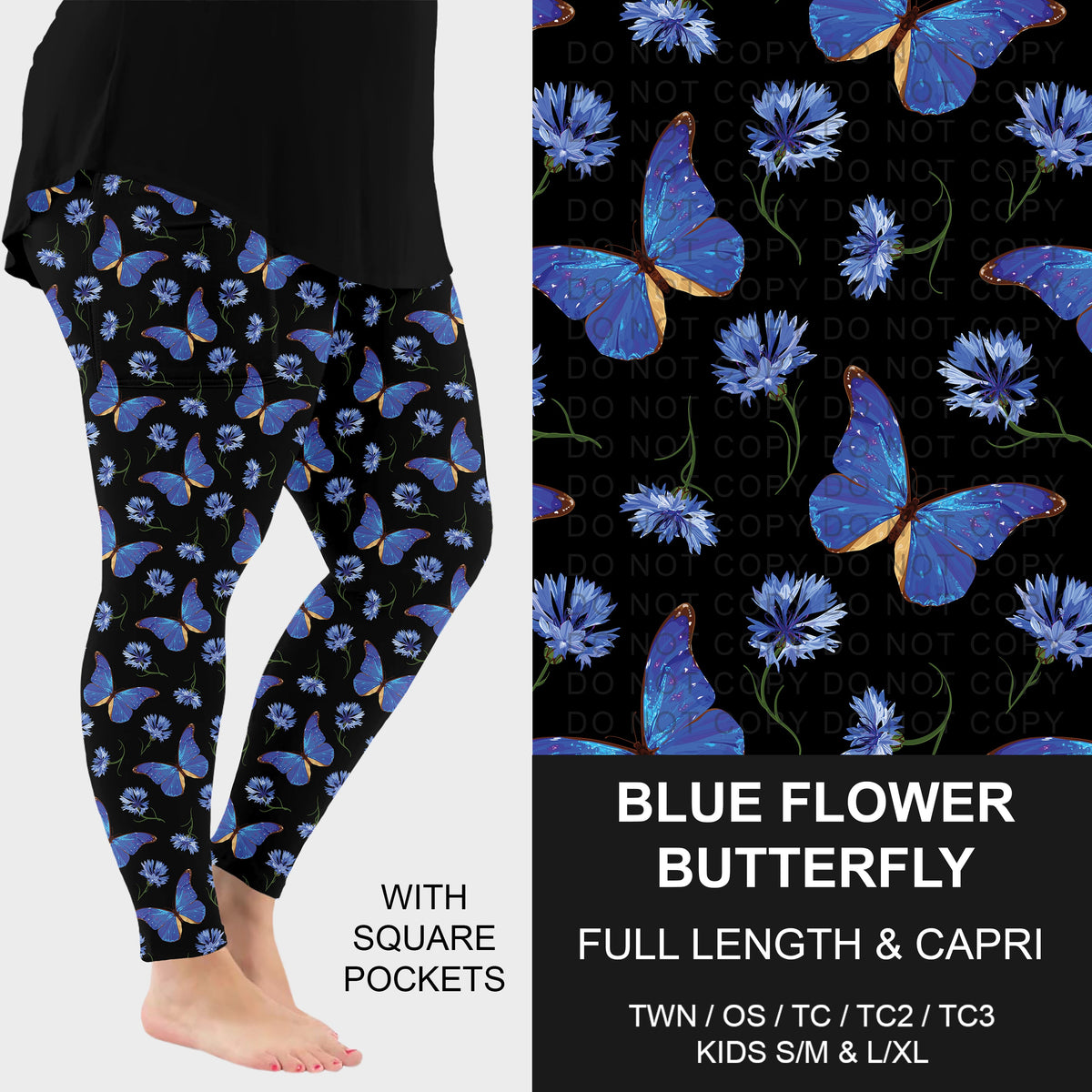 B314 - Preorder Blue Flower Butterfly Leggings w/ Pockets (Closes 9/27. ETA: late Nov.)