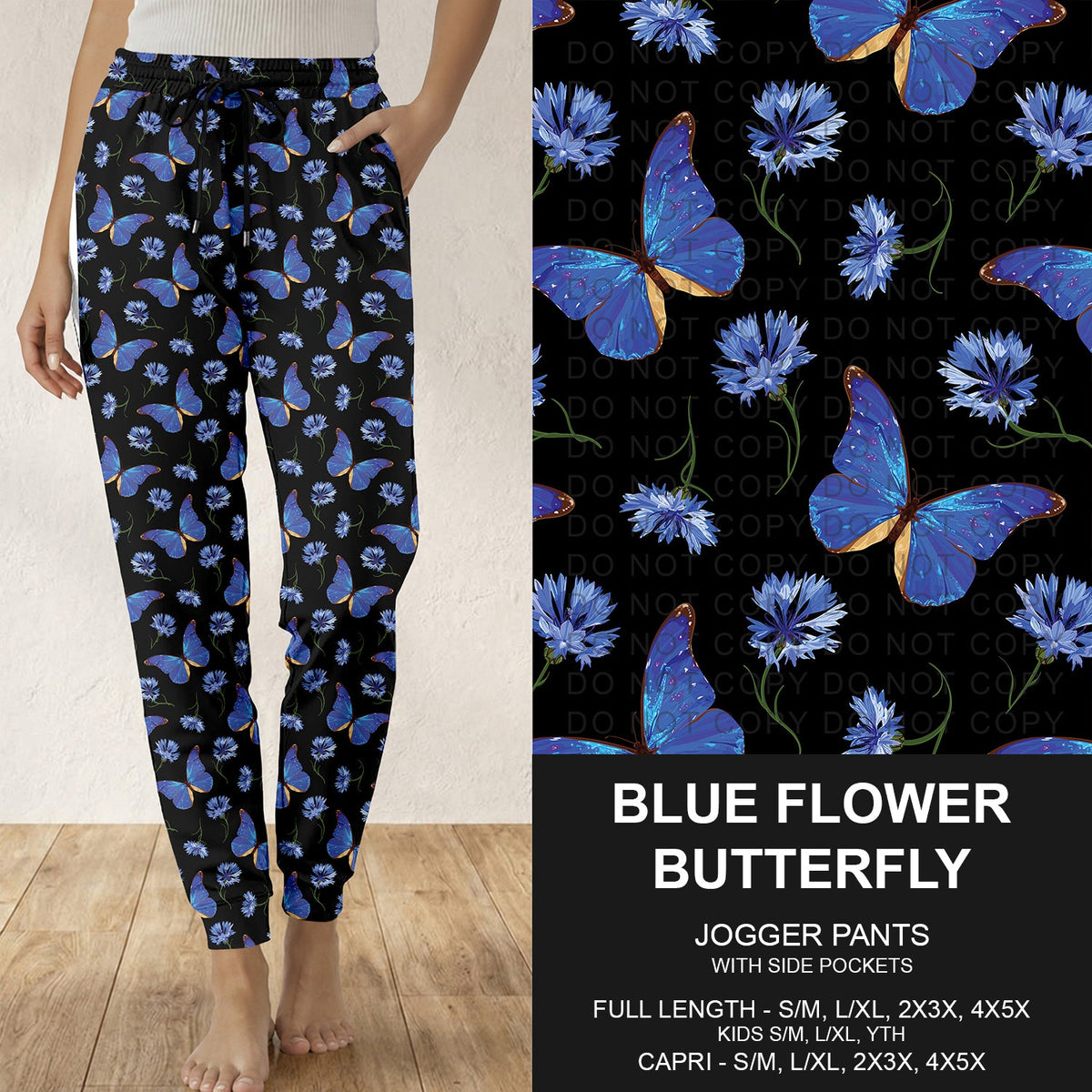 B314 - Preorder Blue Flower Butterfly Joggers (Closes 9/27. ETA: late Nov.)