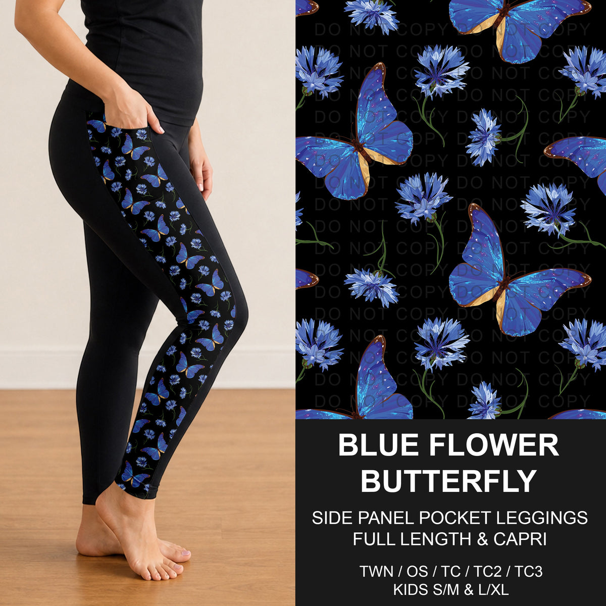 B314 - Preorder Blue Flower Butterfly Side Panel Pocket Leggings (Closes 9/27. ETA: late Nov.)