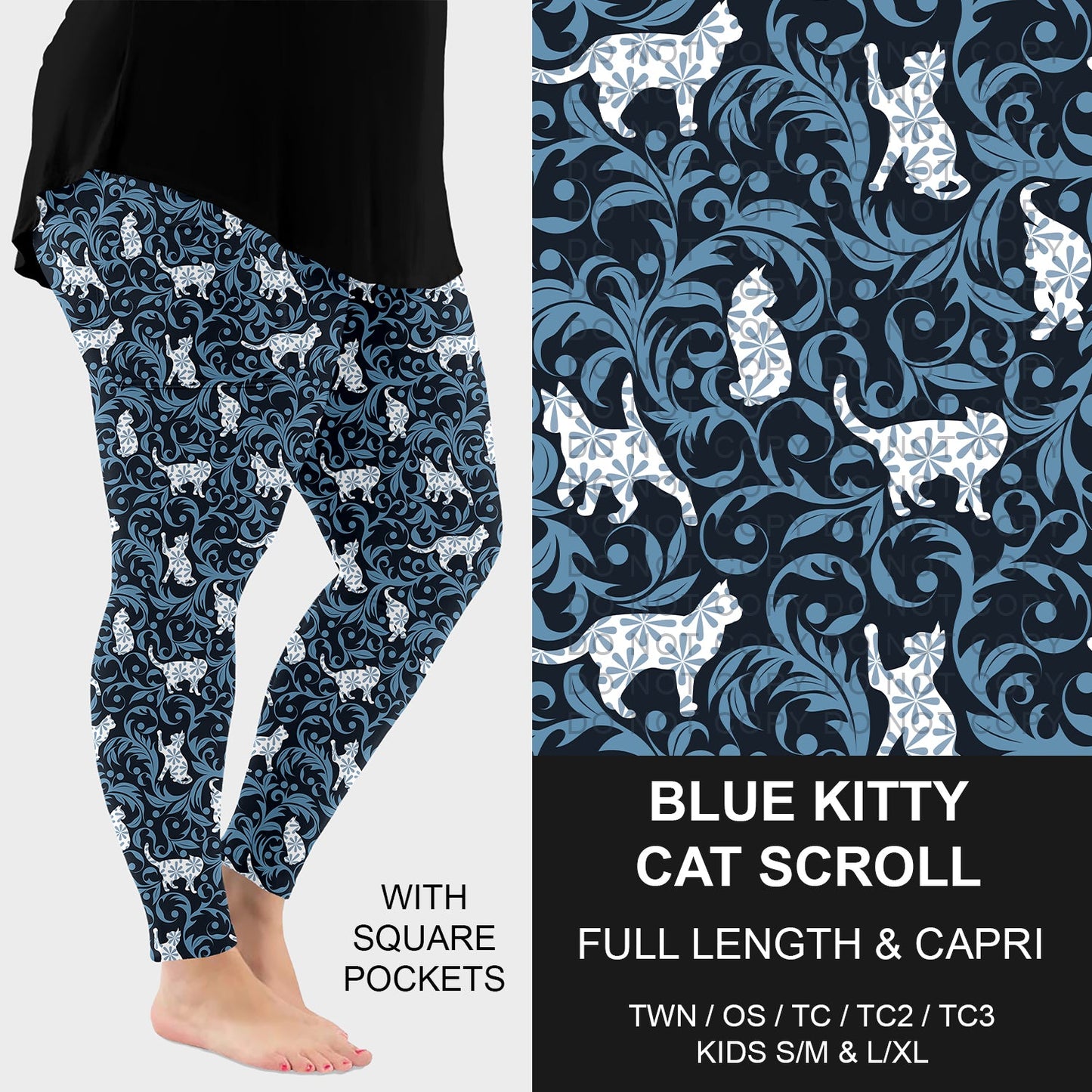 B265 - Preorder Blue Kitty Cat Scroll Leggings w/ Pockets (Closes 12/14. ETA: mid Feb.)