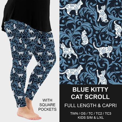 B265 - Preorder Blue Kitty Cat Scroll Leggings w/ Pockets (Closes 12/14. ETA: mid Feb.)