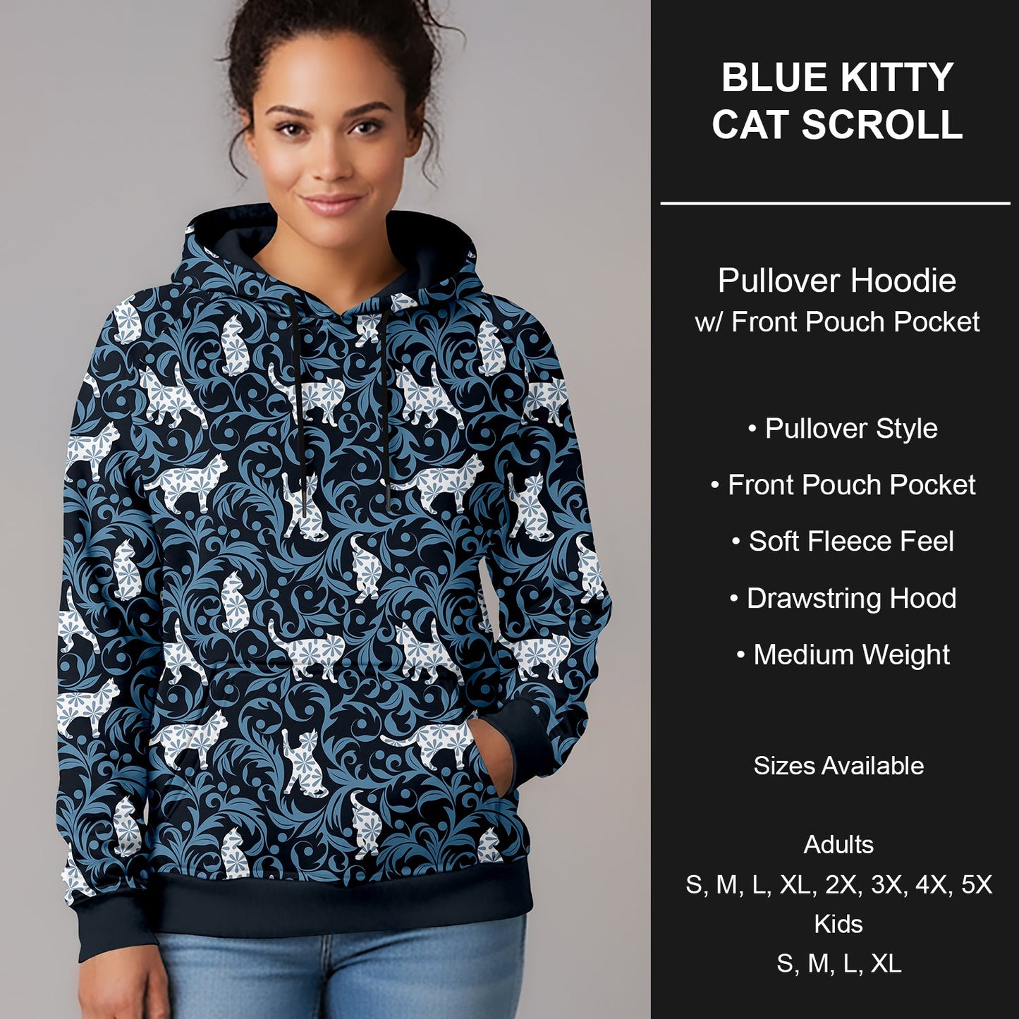 B266 - Preorder Blue Kitty Cat Scroll Pullover Hoodie (Closes 12/17. ETA late Feb.)