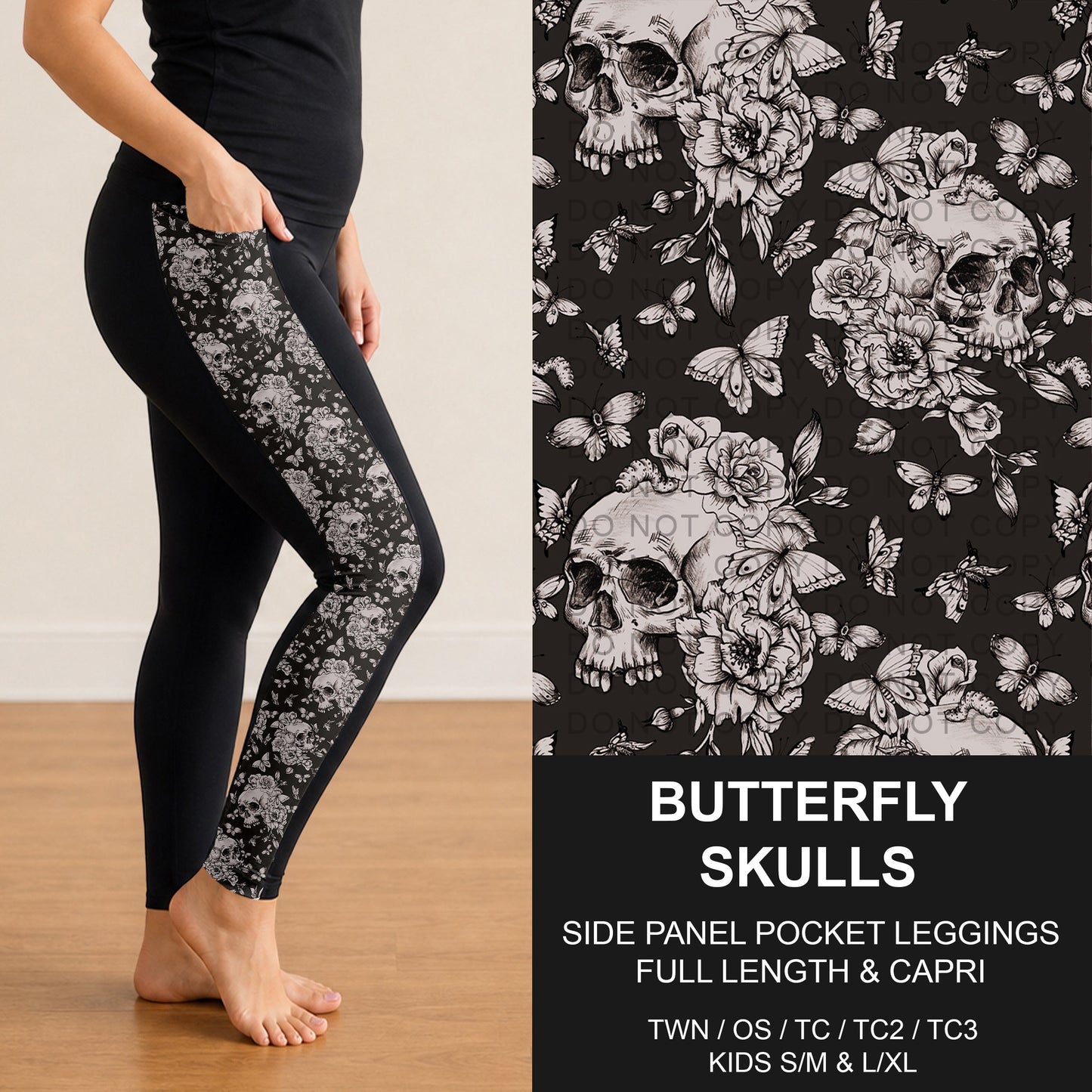 B300 - Preorder Butterfly Skulls Side Panel Pocket Leggings (Closes 7/15. ETA: mid Sept.)