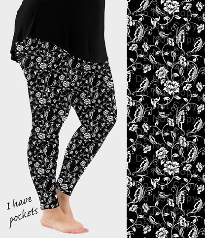 RTS - BW Butterfly Flowers Leggings w/ Pockets