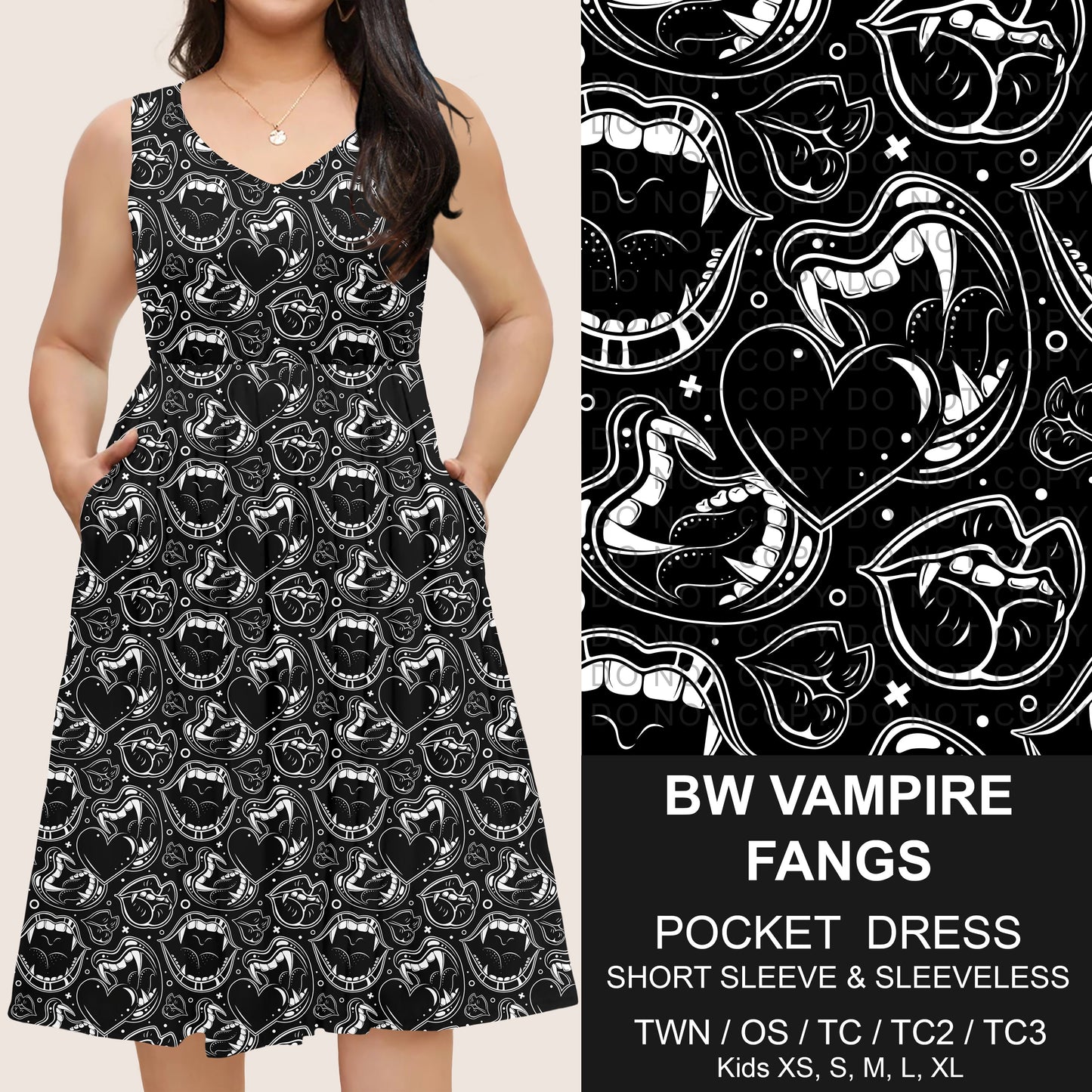B302 - Preorder BW Vampire Fangs Pocket Dress (Closes 7/24. ETA: early Oct)