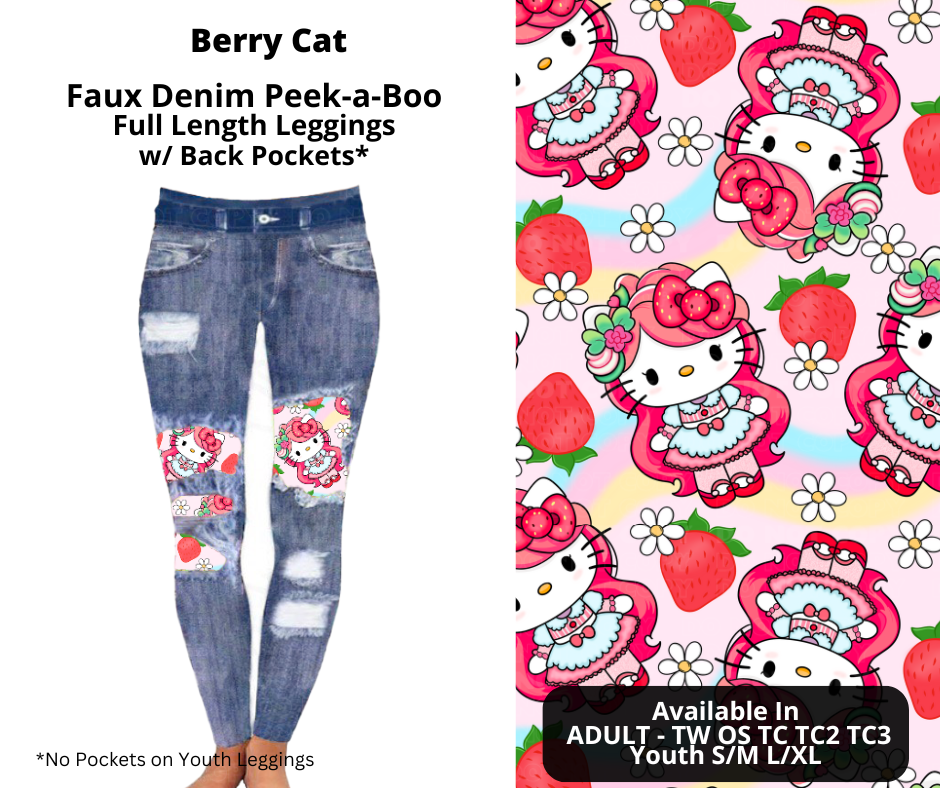 Preorder! Closes 11/20. ETA Jan. Berry Cat Faux Denim Peekaboo Full Length