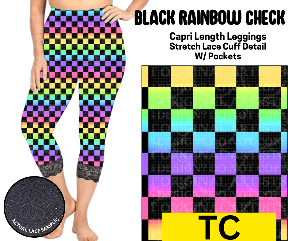 Black Rainbow Check Lace Cuff Capris w/ Pockets