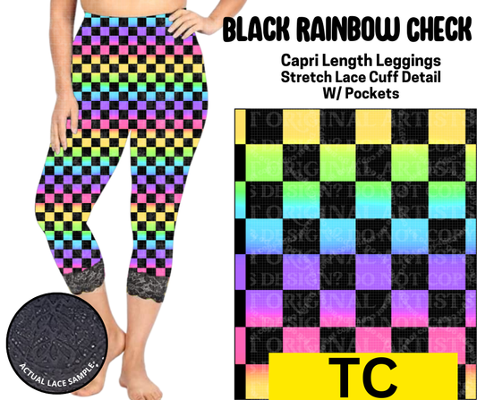Black Rainbow Check Lace Cuff Capris w/ Pockets