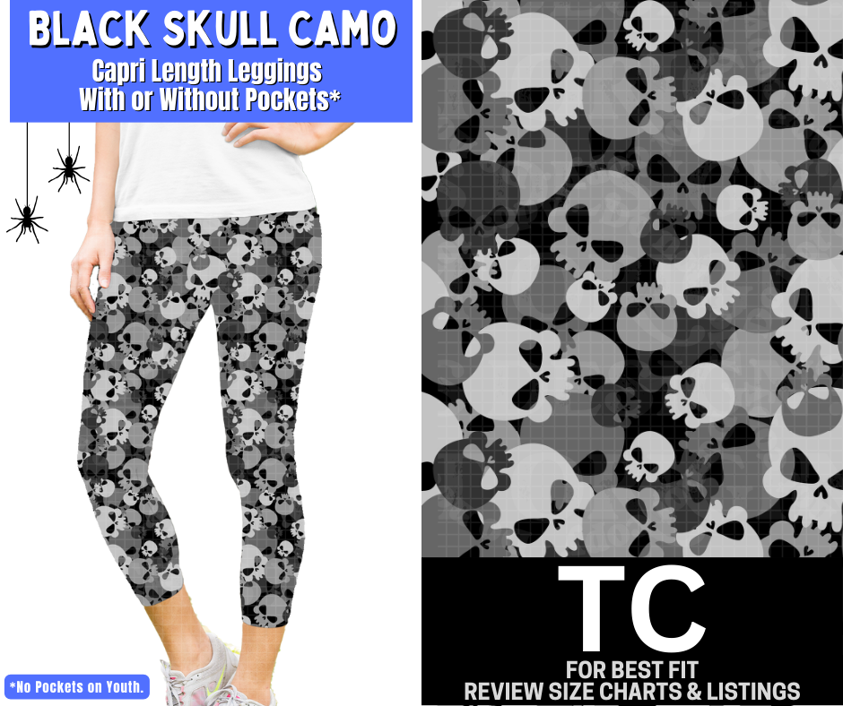 Black Skull Camo Capri Length Leggings w/ Pockets
