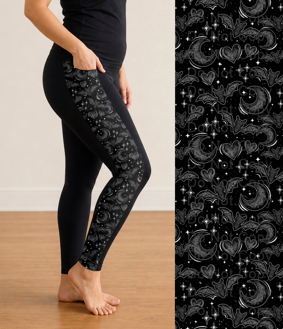 RTS - Black Bats and Moon Side Panel Leggings with Pockets