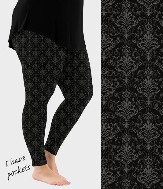 RTS - Black Damask Leggings w/ Pockets