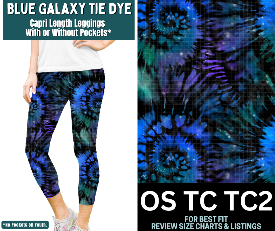 Blue Galaxy Tie Dye Capri Length Leggings w/ Pockets