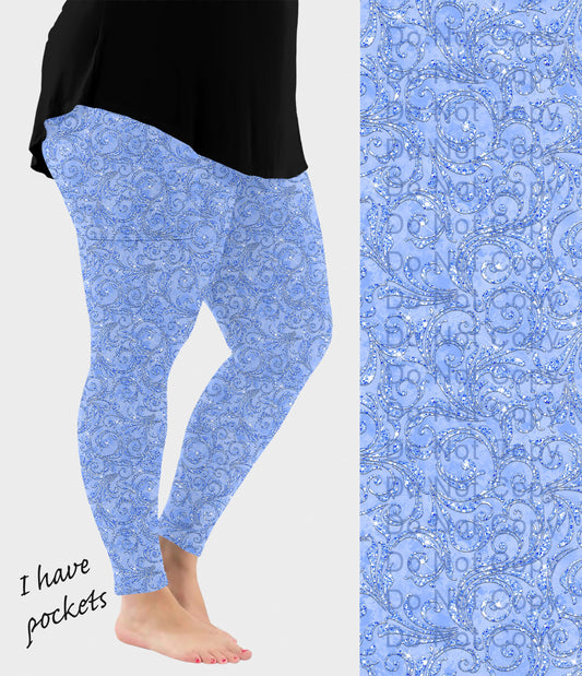 RTS - Blue Paisley Sparkle Leggings w/ Pockets