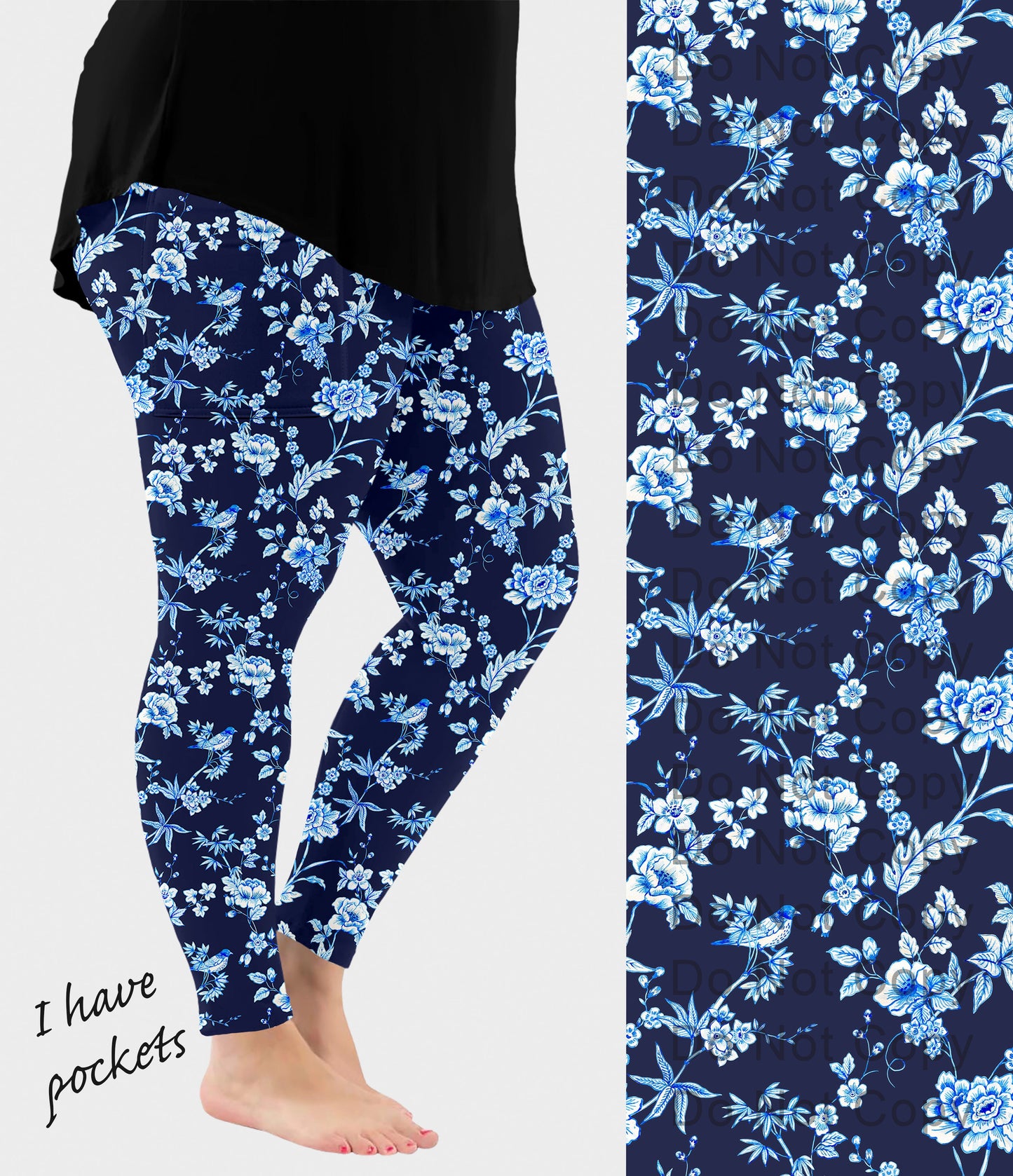 RTS - Blue and White Floral Birds Leggings w/ Pockets