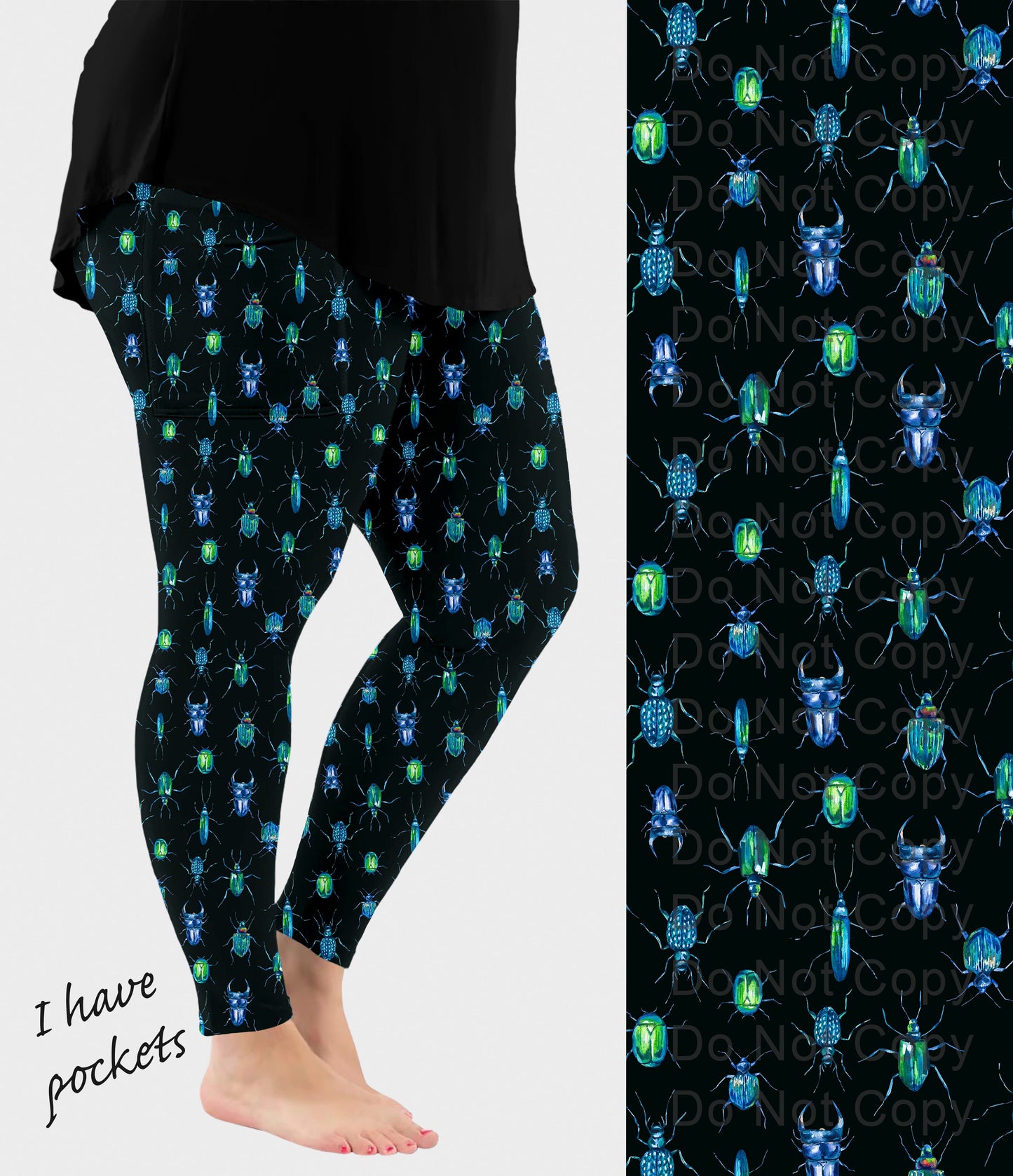 RTS - Blue Green Beetles Leggings w/ Pockets