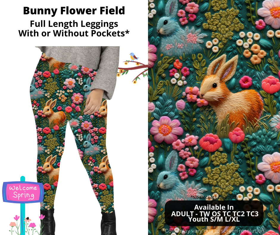 Preorder! Closes 1/27. ETA April. Bunny Flower Field Full Length Leggings w/wo Pockets