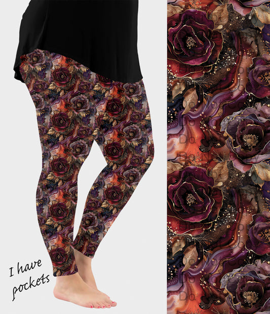 RTS - Burgundy Agate Floral Leggings w/ Pockets