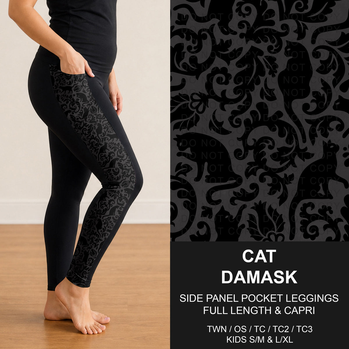 B314 - Preorder Cat Damask Side Panel Pocket Leggings (Closes 9/27. ETA: late Nov.)