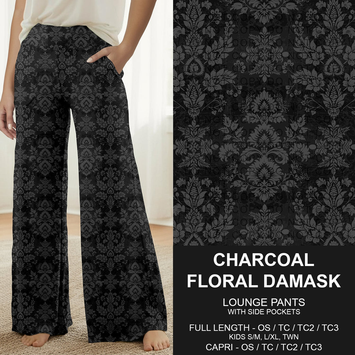B317 - Preorder Charcoal Floral Damask Lounge Pants (Closes 10/18. ETA: late Dec.)