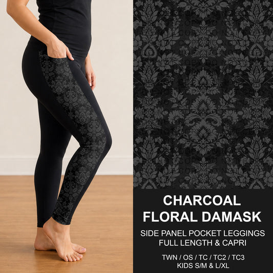 B317 - Preorder Charcoal Floral Damask Side Panel Pocket Leggings (Closes 10/18. ETA: late Dec.)